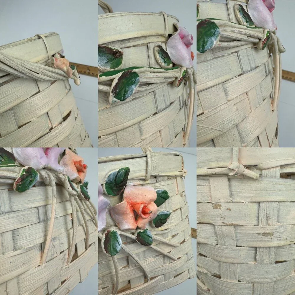 Vtg Wall Basket White Wicker Flowers Rose Green‎ Leaves Hard Rustic Wedding READ